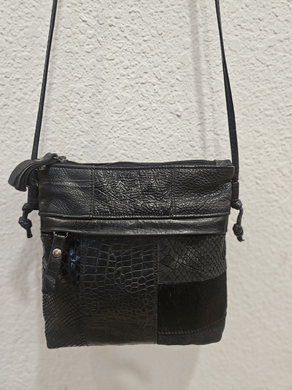 Pietro Alessandro Black Textured Leather Patchwork Crossbody Purse
